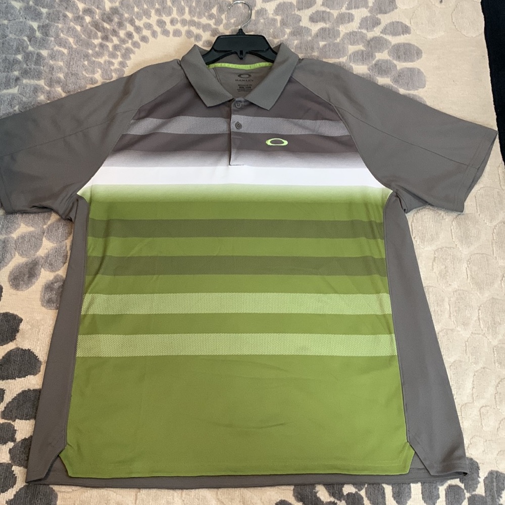 Oakley Polo Shirt Mens XXL Gray Stripe Short Sleeve Regular Fit Golf